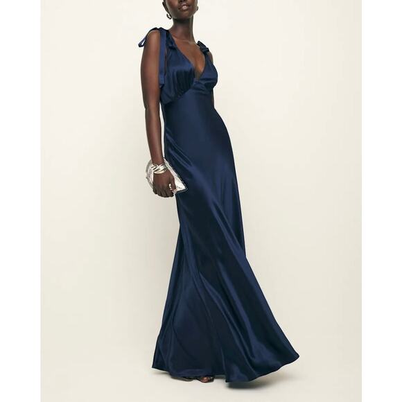 Reformation Pernille Silk Maxi Dress S NEW Navy Blue Sleeveless V-Cut Tie NWT - Picture 1 of 7